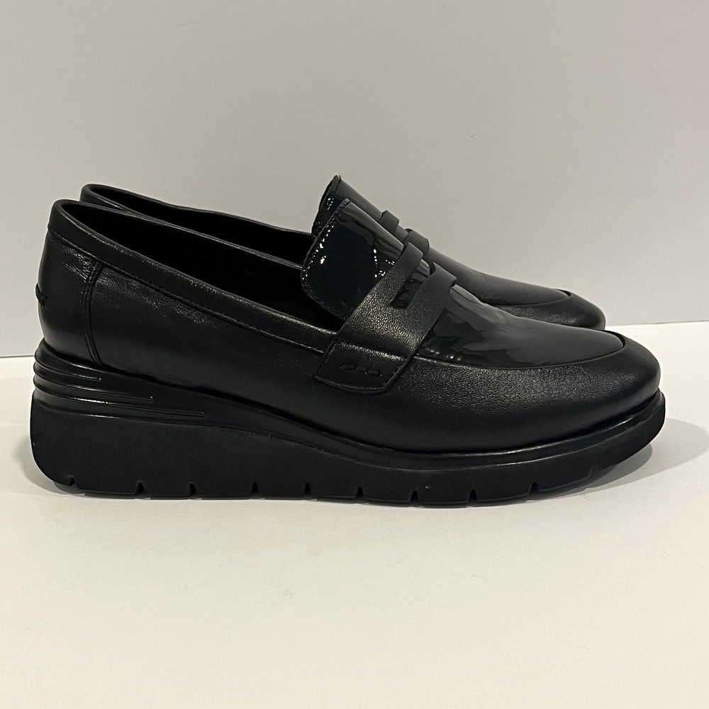 Ara High Soft Black Leather Patent Wedge Platform Penny Loafers Shoes 39